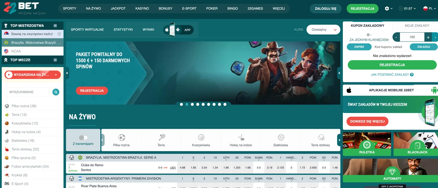Strona główna 22Bet: pakiet powitalny do 1500 EUR i 150 darmowych spinów, lista zakładów na żywo