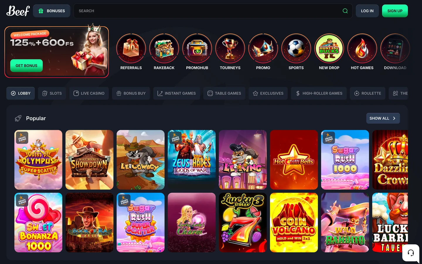 Strona główna Beef Casino: pakiet powitalny 125% i 600 darmowych spinów oraz popularne automaty