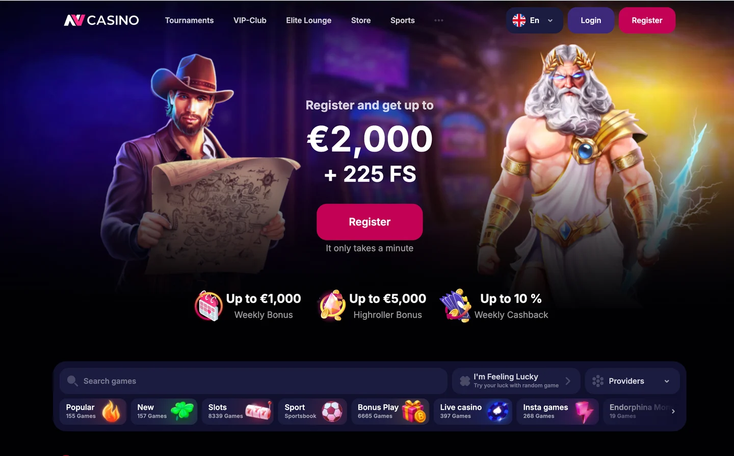 NVCasino home page in English: register and get up to 2000 EUR plus 225 free spins, game categories below