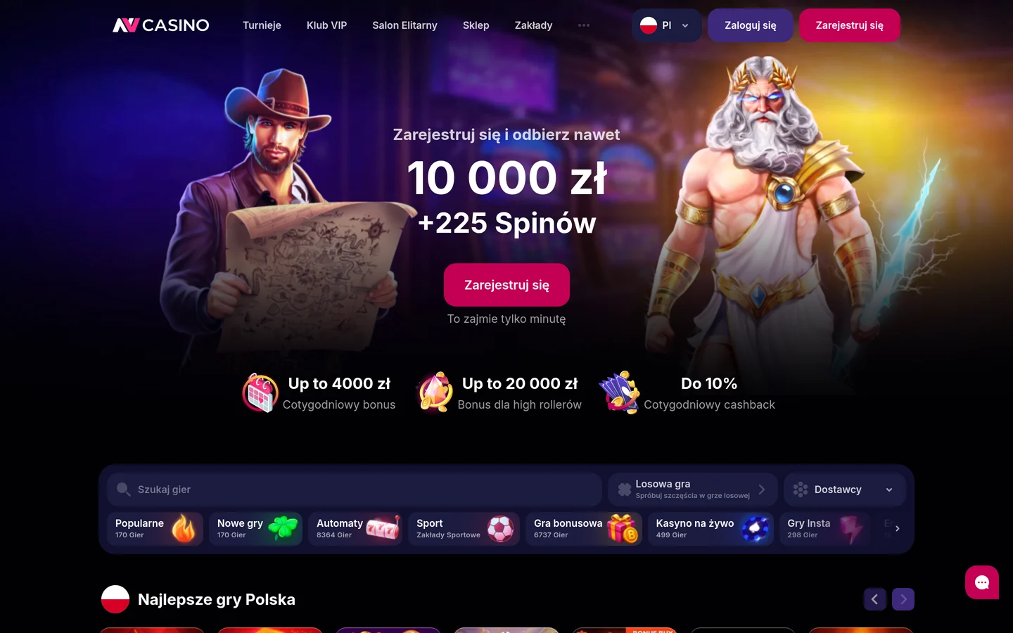 Strona główna NVCasino po polsku: bonus powitalny do 10 000 zł i 225 darmowych spinów oraz kategorie gier