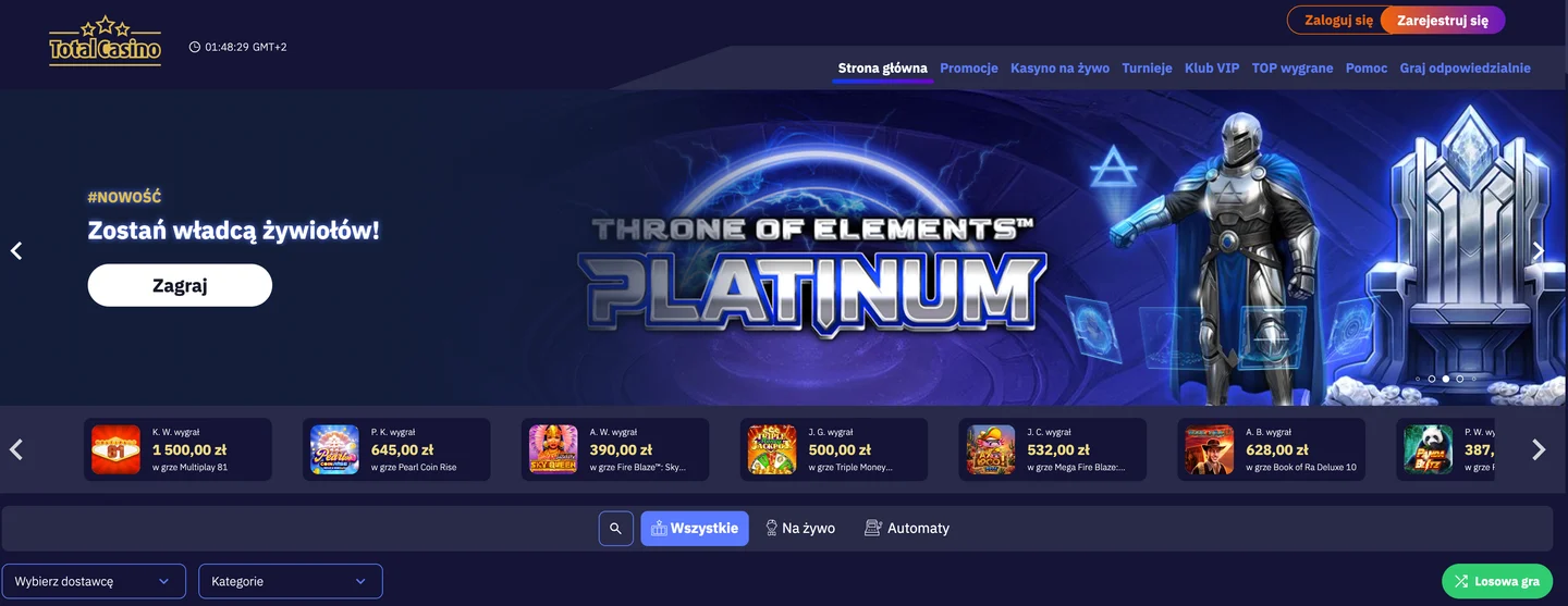 Strona główna Total Casino z promocją Throne of Elements i paskiem ostatnich wygranych